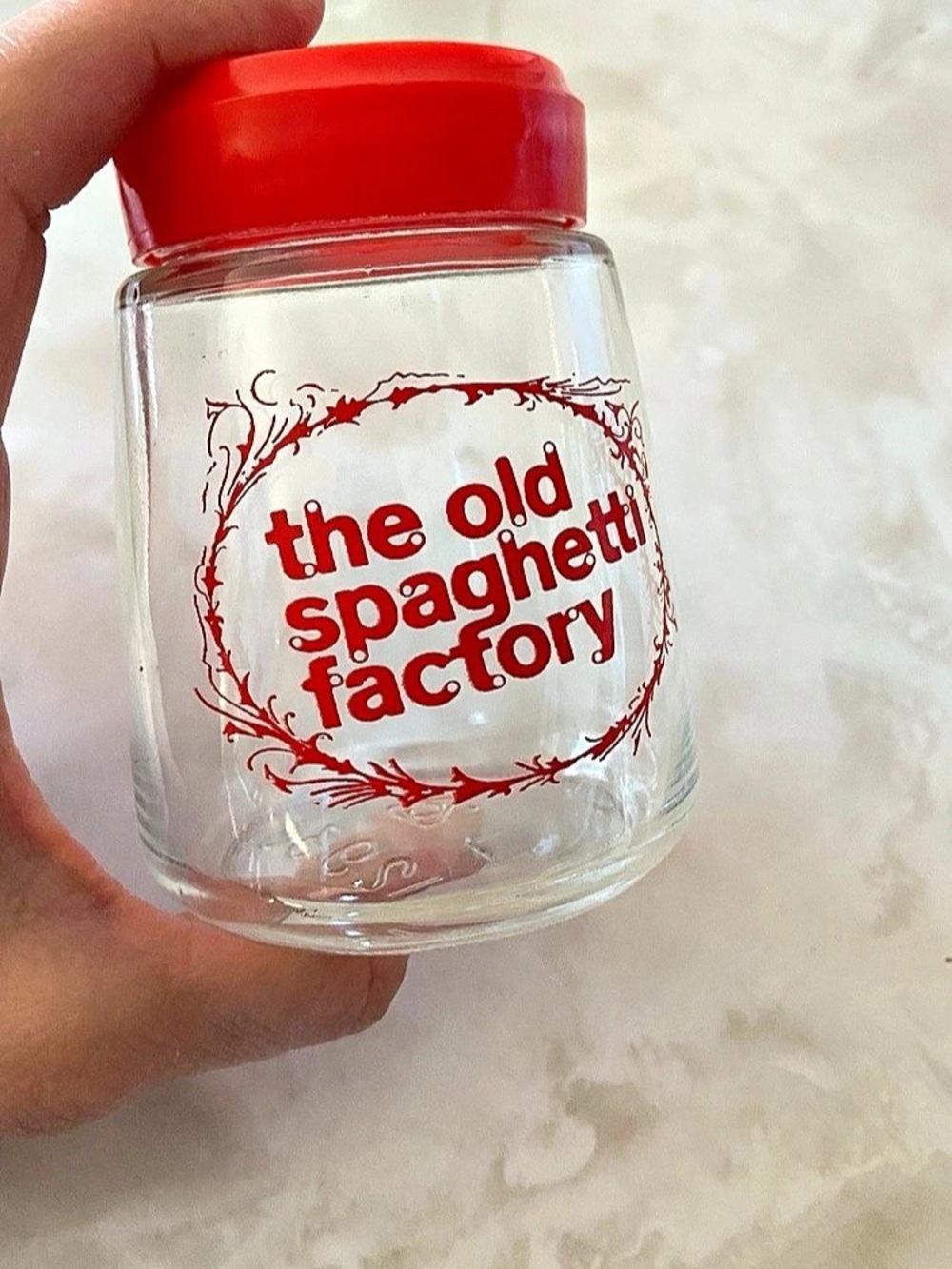 the old spaghetti factory Glass Shaker Jar in Clear & Red